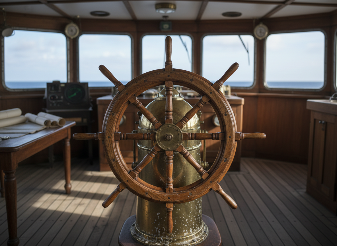 A weathered wooden ship’s wheel with rich, dark teak tones and visible grain, mounted on a brass pedestal flecked with salt stains, stands at the center of a classic bridge. Through wide, slightly fogged windows, an open ocean stretches to the horizon under a pale blue sky. Soft, diffused daylight filters in, catching the polished metal instruments and casting gentle shadows on the worn planked floor. Photographic realism, shot at eye level with the wheel centered, shallow depth of field subtly blurring radar screens and nautical charts in the background. The mood is professional and contemplative, evoking centuries of maritime stories and navigation traditions.