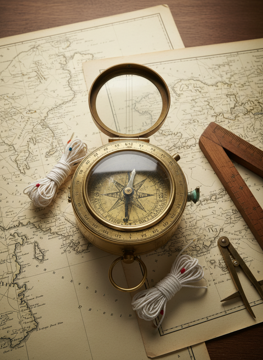 An antique brass marine compass in a gimbaled housing, its glass slightly scratched, rests on a spread of yellowed nautical charts showing intricate coastlines and soundings. Fine pencil markings and neatly coiled cotton signal lines surround it, along with a polished wooden parallel ruler and dividers. Overcast daylight from an unseen porthole creates soft, even illumination, highlighting engraved degree markings and casting delicate shadows across the paper. Photographic realism, top-down composition with sharp focus throughout, emphasizing detail and precision. The mood is scholarly and archival, perfectly suited to a professional maritime stories blog documenting navigation, exploration, and seafaring history.