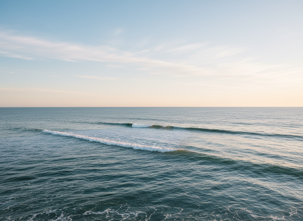 A wide serene maritime seascape with calm ocean waters under a soft blue sky